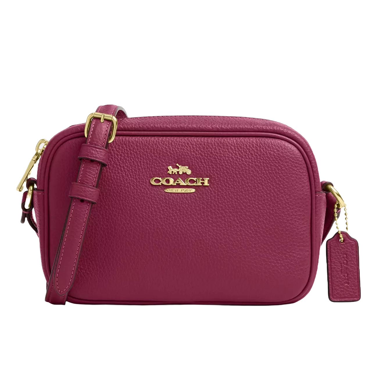 Maroon leather Coach crossbody bag with gold hardware, featuring a Coach logo and a detachable tag.