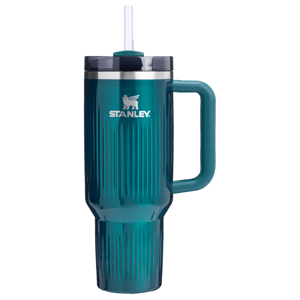 Stanley insulated tumbler with a handle and straw, in a teal color.