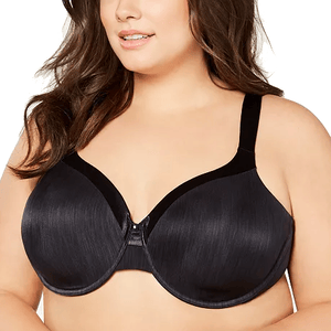 A black underwire bra designed for plus-size women, featuring full coverage cups and wide shoulder straps for support and comfort.