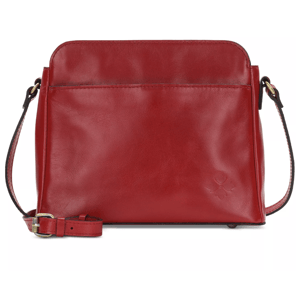 A red leather crossbody bag with an adjustable strap and a front pocket, featuring a subtle embossed logo in the bottom corner.