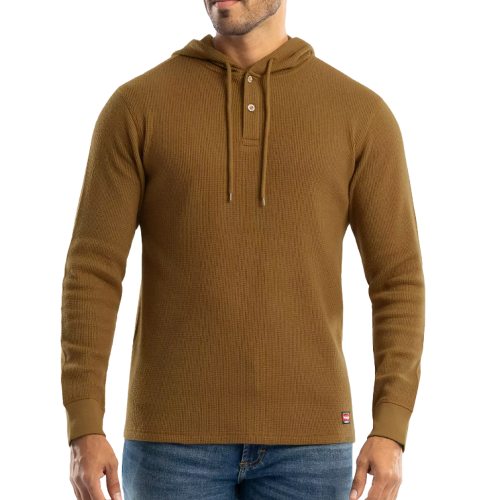 Brown long-sleeve waffle knit hoodie with a drawstring and buttoned neckline, worn with blue jeans.