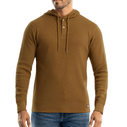 Brown long-sleeve waffle knit hoodie with a drawstring and buttoned neckline, worn with blue jeans.