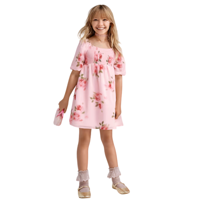 Girl wearing a pink floral dress with puff sleeves, paired with lace-trimmed socks and gold shoes. She holds a matching floral purse.