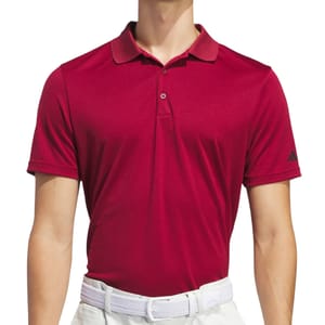 A red short-sleeve polo shirt with a collar and three-button placket, featuring an Adidas logo on the left sleeve, paired with white trousers and a braided white belt.
