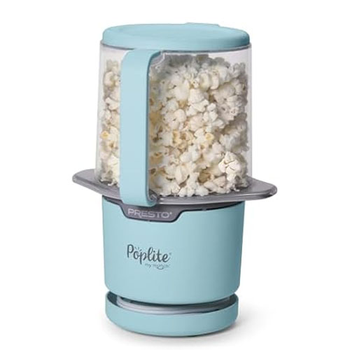 The Presto Poplite is a blue hot air popcorn popper with a clear lid, designed to make popcorn without oil. The compact design includes a handle for easy use.