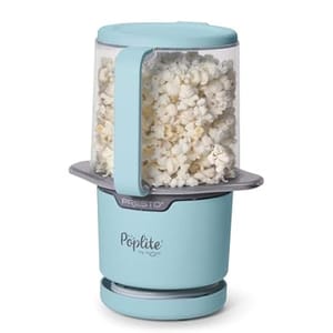 The Presto Poplite is a blue hot air popcorn popper with a clear lid, designed to make popcorn without oil. The compact design includes a handle for easy use.