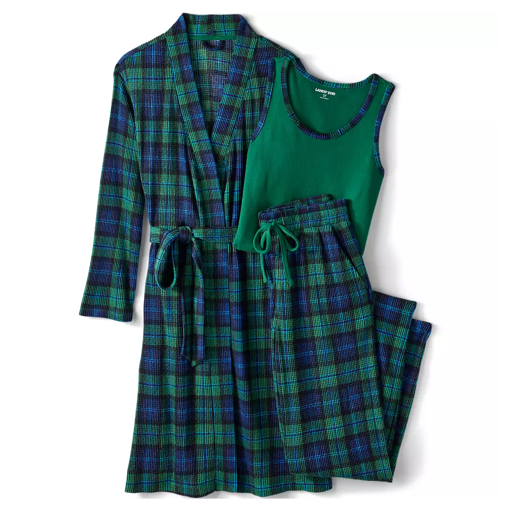 A plaid sleepwear set featuring a green and blue robe, matching pajama pants, and a solid green tank top.