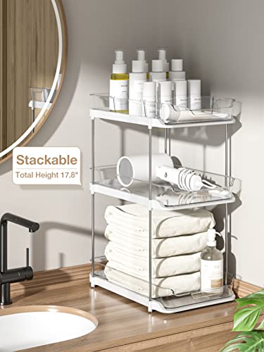 Two stackable pull-out cabinet organizers with a sleek white design, featuring two levels each with wire baskets for storage. Total height is 17.8 inches.