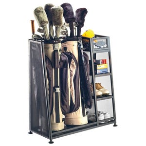 A golf storage rack holds two golf bags with clubs, accessories, balls, and shoes. The rack is organized with shelves for efficient storage.