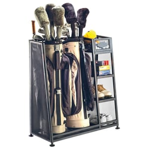 A golf storage rack holds two golf bags with clubs, accessories, balls, and shoes. The rack is organized with shelves for efficient storage.
