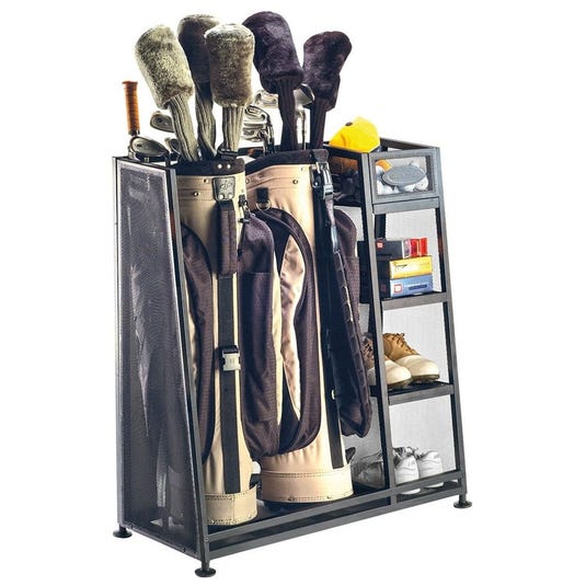 A golf storage rack holds two golf bags with clubs, accessories, balls, and shoes. The rack is organized with shelves for efficient storage.