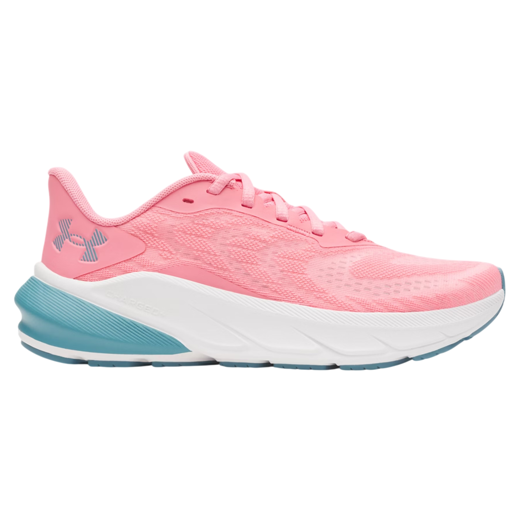 A pink running shoe from Under Armour features a mesh upper, a padded heel with a blue accent, and a cushioned, white midsole designed for comfort and support.