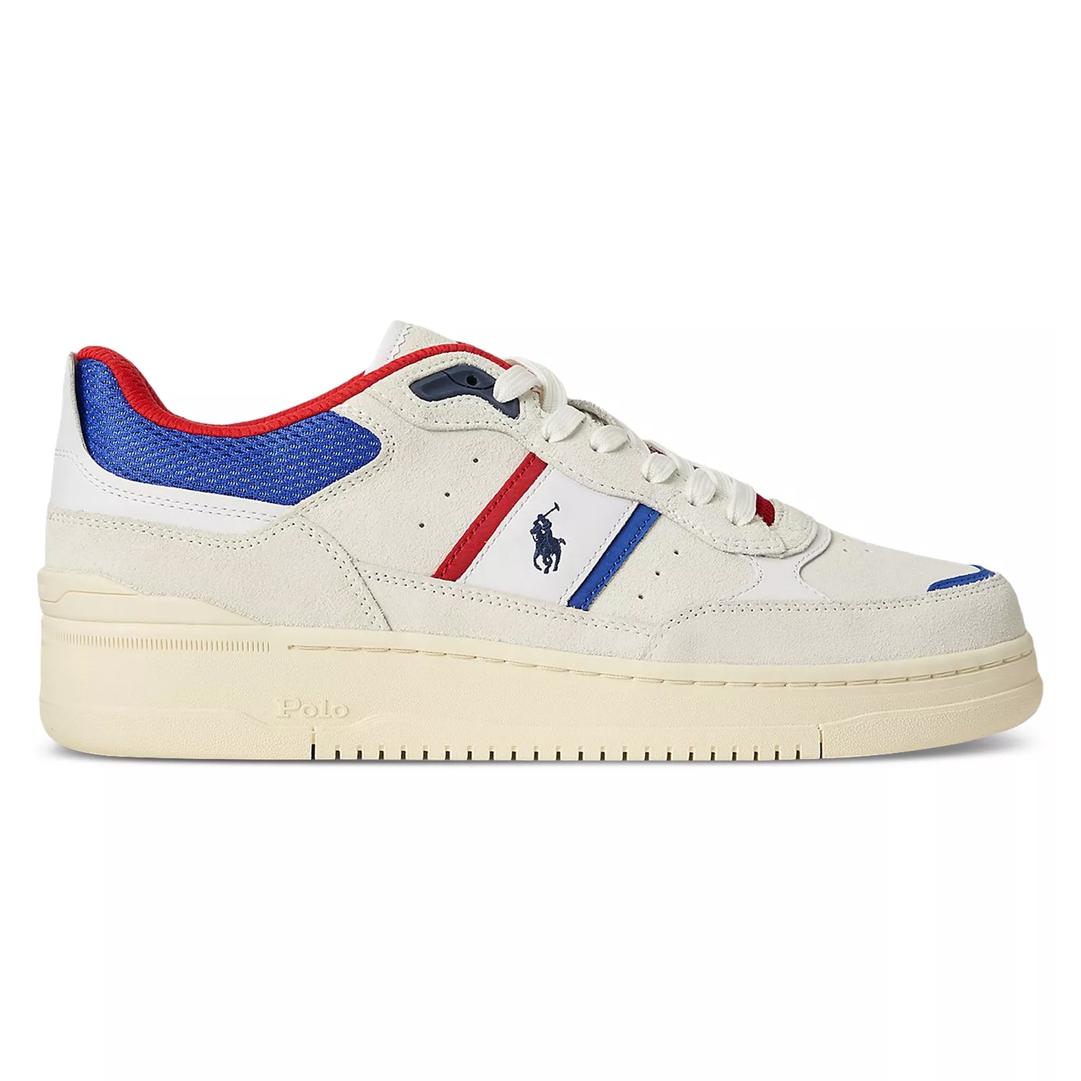 A white sneaker with red and blue accents, featuring a Polo logo on the side and a textured blue heel.