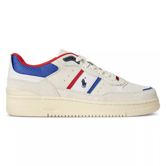 A white sneaker with red and blue accents, featuring a Polo logo on the side and a textured blue heel.