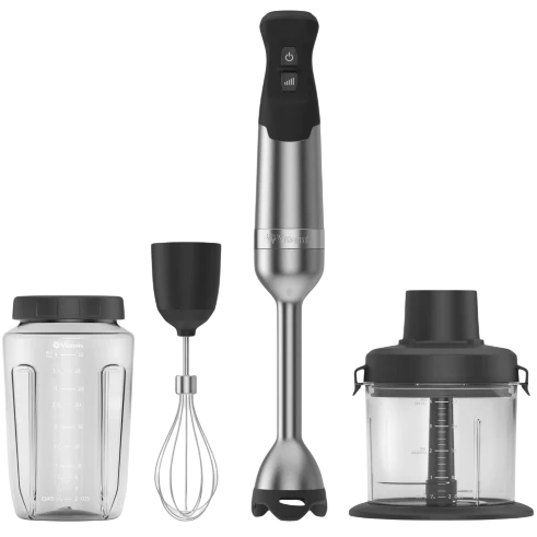 A stainless steel immersion blender set with a blending wand, whisk attachment, chopping bowl, and a blending jar.