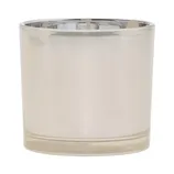 A cylindrical glass jar with a metallic sheen, likely used for candles or small storage.