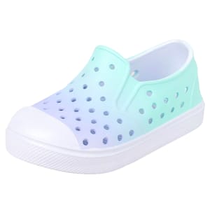 A light blue and white slip-on shoe with a perforated design, featuring a white toe guard and sole.