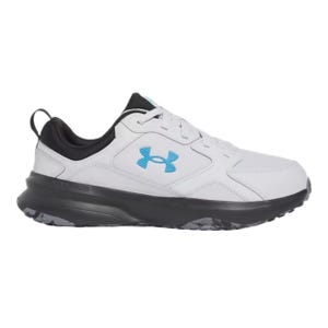 A white athletic shoe with a blue Under Armour logo, black accents, and a black sole designed for comfort and durability.