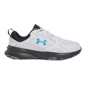A white athletic shoe with a blue Under Armour logo, black accents, and a black sole designed for comfort and durability.