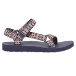 A sandal featuring a patterned textile strap with an adjustable hook-and-loop closure, a textured footbed, and a flat sole for casual comfort.