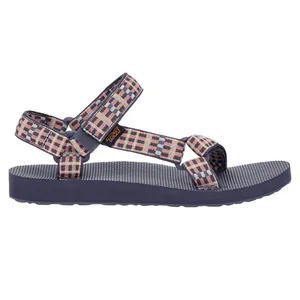 A sandal featuring a patterned textile strap with an adjustable hook-and-loop closure, a textured footbed, and a flat sole for casual comfort.