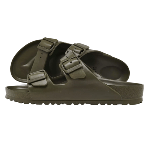 Pair of dark green slip-on sandals with two adjustable straps and textured soles.