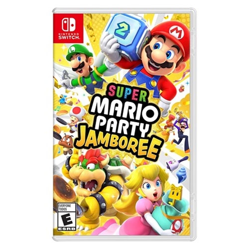Super Mario Party Jamboree game cover for Nintendo Switch, featuring characters like Mario, Luigi, Bowser, and Peach. Rated E for Everyone.