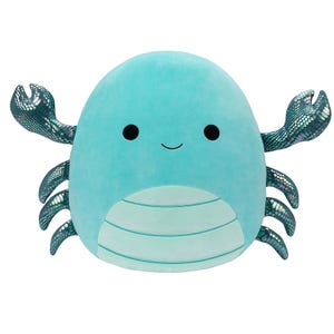 A plush toy resembling a cute, teal-colored crab with shiny, textured arms and a happy face.