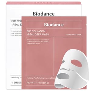Four-pack Biodance facial sheet masks with bio collagen, designed for hydrating, pore-perfecting, and improving elasticity, presented in pink packaging.