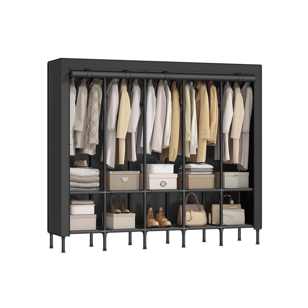 A fabric wardrobe features multiple compartments with clothing on hangers, shelves with folded items, boxes, shoes, and handbags. The structure includes a black frame and cover.