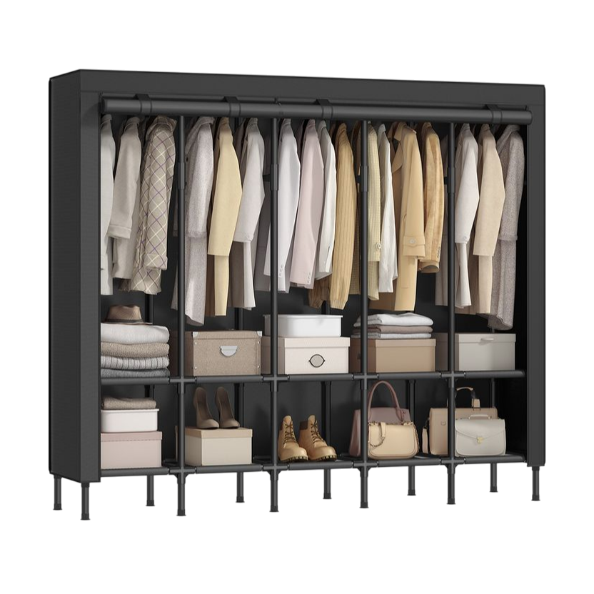 A fabric wardrobe features multiple compartments with clothing on hangers, shelves with folded items, boxes, shoes, and handbags. The structure includes a black frame and cover.