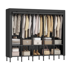 A fabric wardrobe features multiple compartments with clothing on hangers, shelves with folded items, boxes, shoes, and handbags. The structure includes a black frame and cover.