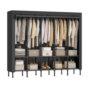 A fabric wardrobe features multiple compartments with clothing on hangers, shelves with folded items, boxes, shoes, and handbags. The structure includes a black frame and cover.
