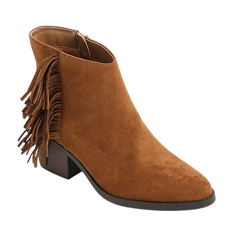 Brown suede ankle boot with fringe detailing on the side, block heel, and side zipper.
