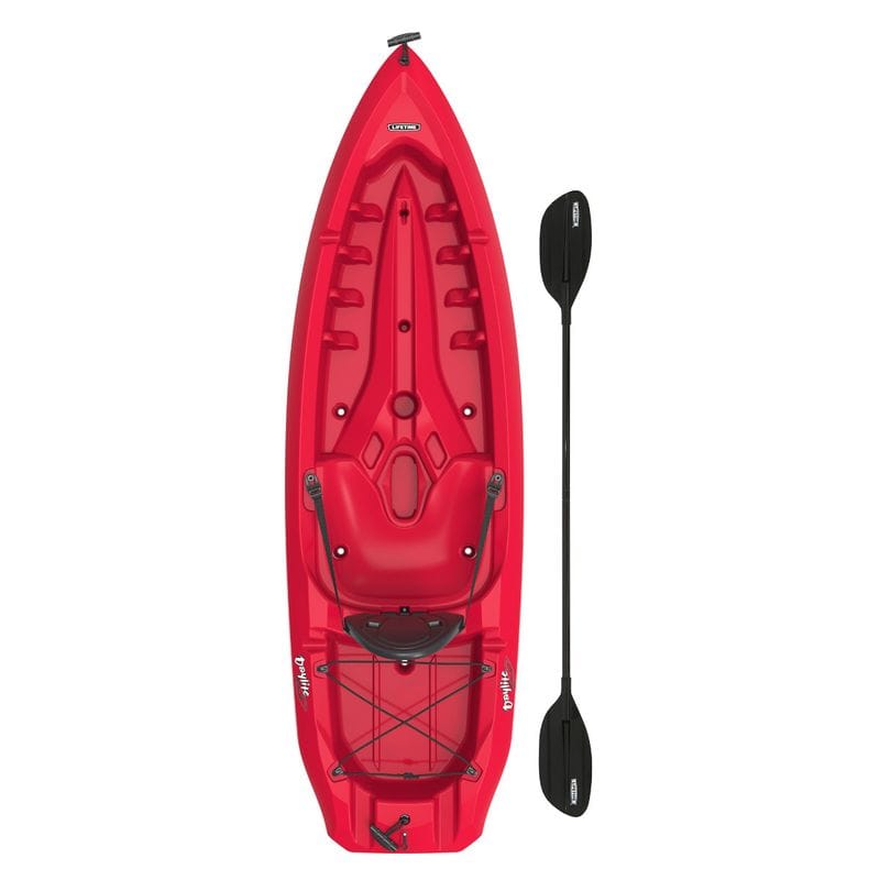 A red Lifetime Daylite 80 Sit-On-Top Kayak is shown with a black double-bladed paddle; the kayak features a seat area with foot wells, a storage area with bungee cords, and carrying handles.