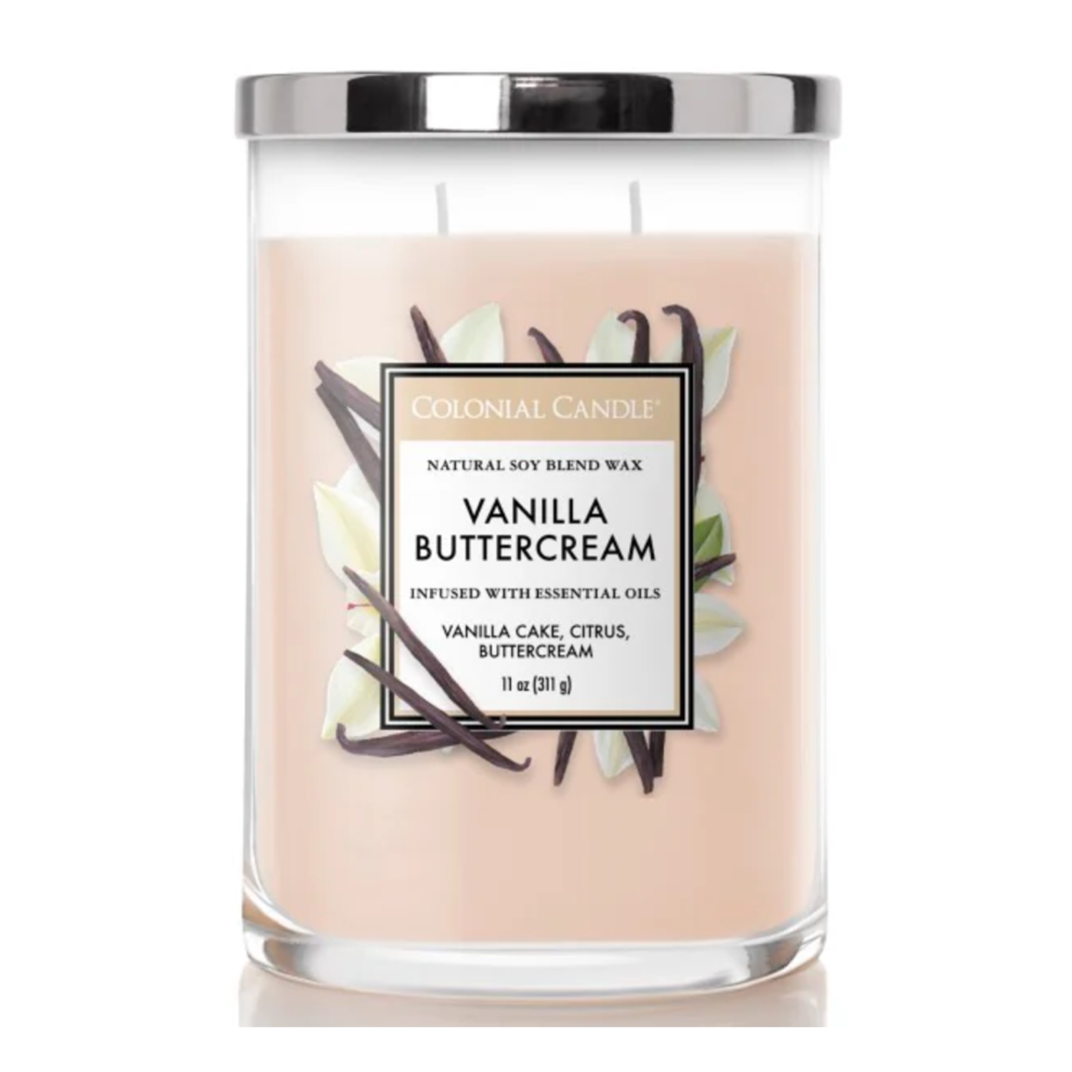 Colonial Candle Vanilla Buttercream, natural soy blend, infused with essential oils, features notes of vanilla cake, citrus, and buttercream, 11 oz (311 g).