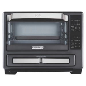 Calphalon Air Fryer Oven with controls for bake, air fry, broil, roast, toast, pizza, and cookies, featuring a large capacity interior and a digital control panel for temperature and time settings.