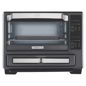 Calphalon Air Fryer Oven with controls for bake, air fry, broil, roast, toast, pizza, and cookies, featuring a large capacity interior and a digital control panel for temperature and time settings.