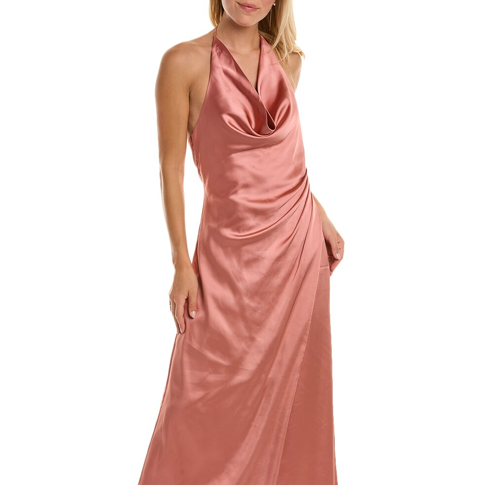 The Halston Sutton Gown is a sleeveless, halter-style dress made of pink satin with a draped neckline and a floor-length silhouette.
