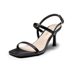Black high-heeled sandal with thin straps, a square toe, and a buckle-fastened ankle strap.