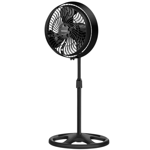 A black oscillating pedestal fan with adjustable height, featuring a circular base and a protective grille around the blades.