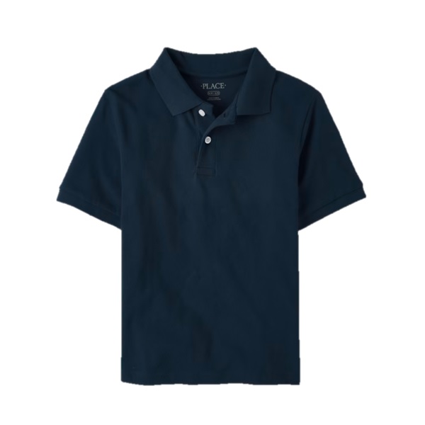 Navy blue short-sleeve polo shirt with a collar and two-button placket.
