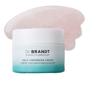 Dr. Brandt Neck Tightening Cream jar and a pink facial gua sha tool.