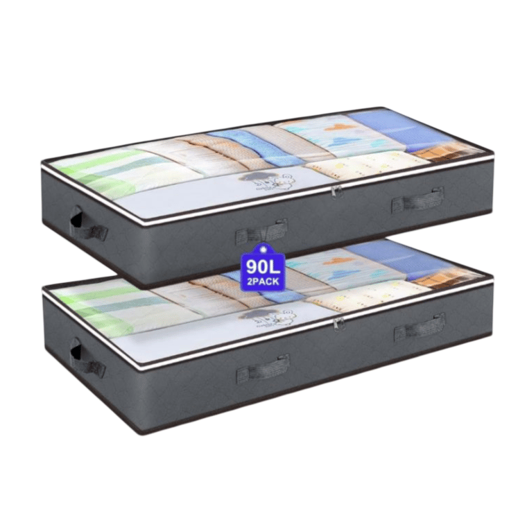 Two gray storage bags are shown, each with a transparent top and handles. They are labeled as a 90-liter capacity, two-pack set.