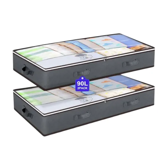 Two gray storage bags are shown, each with a transparent top and handles. They are labeled as a 90-liter capacity, two-pack set.