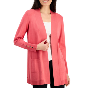 A coral pink, long cardigan with an open front and two front pockets, featuring button detailing on the cuffs.