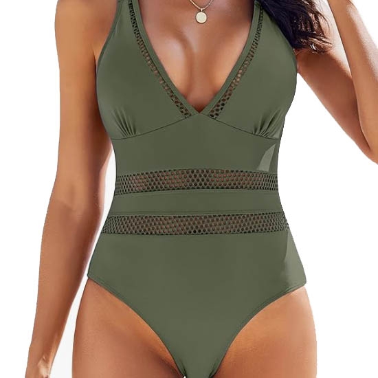 A green one-piece swimsuit with mesh detailing around the waist and deep V-neckline, featuring a halter-style top and moderate coverage brief cut.