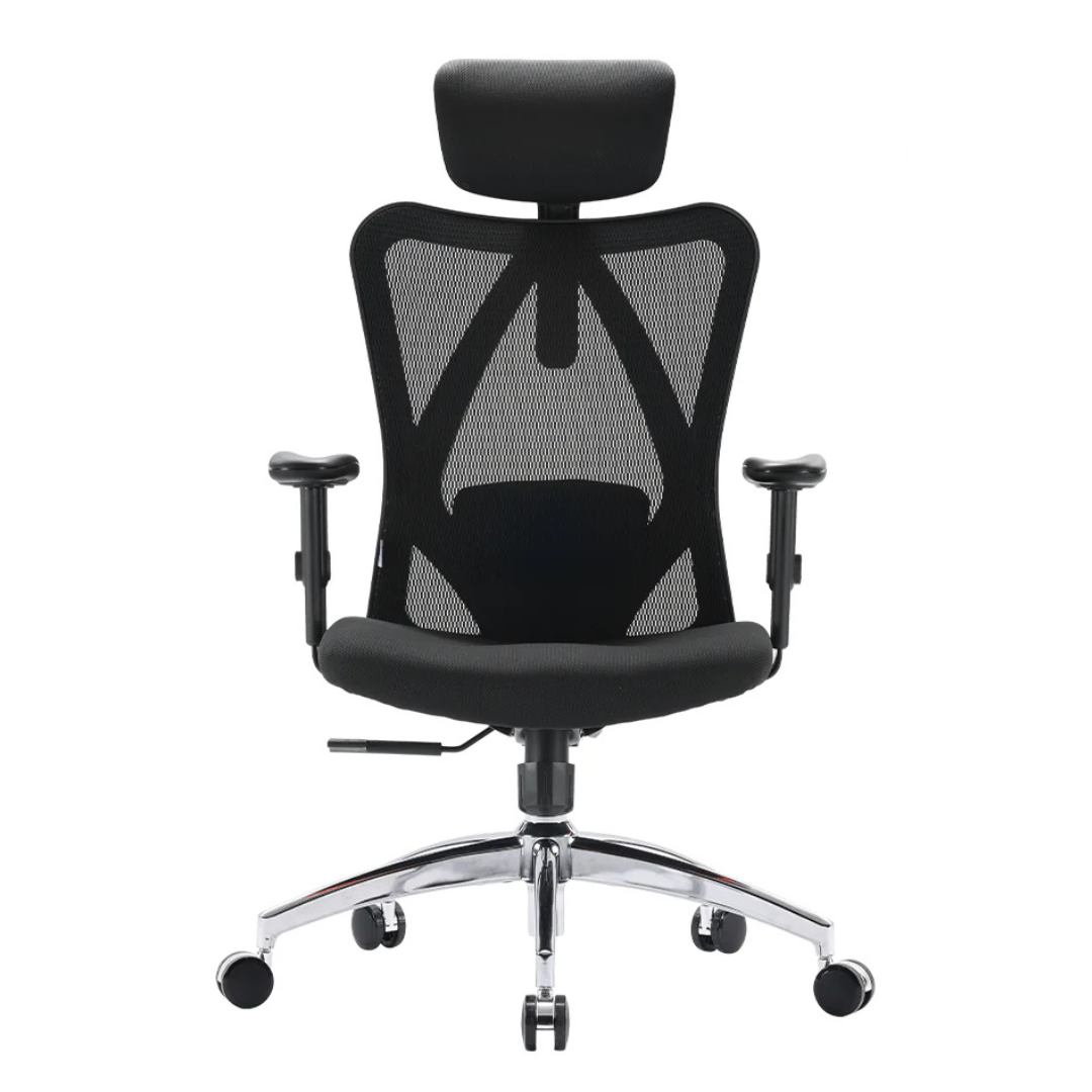 The Sihoo M18 Classic Office Chair features a black mesh backrest with ergonomic lumbar support, adjustable armrests, a padded seat, and a headrest. It has a chrome base with caster wheels for mobility.