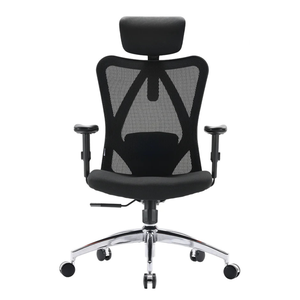 The Sihoo M18 Classic Office Chair features a black mesh backrest with ergonomic lumbar support, adjustable armrests, a padded seat, and a headrest. It has a chrome base with caster wheels for mobility.