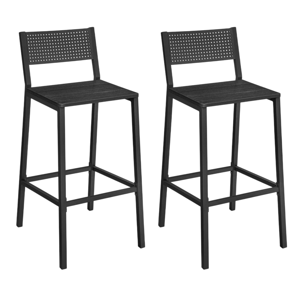 Two black bar stools with square seats, perforated backrests, and four-legged metal frames.